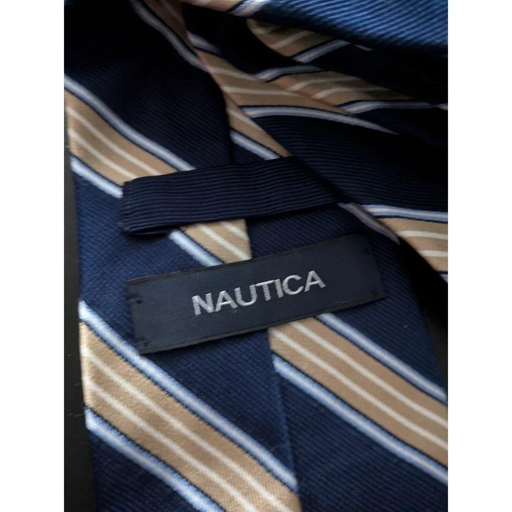 Nautica Silk‎ Tie Necktie Navy Blue Beige 59
